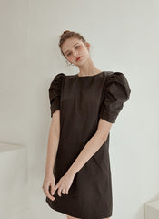 Structured Cotton Poplin Mini Dress with Puff Sleeves and Tailored A-Line Silhouette