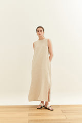 Sleeveless Linen Maxi Dress with Belted Waist and Side Slit – Minimalist Summer Resortwear