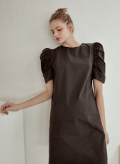 Structured Cotton Poplin Mini Dress with Puff Sleeves and Tailored A-Line Silhouette