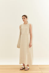 Sleeveless Linen Maxi Dress with Belted Waist and Side Slit – Minimalist Summer Resortwear