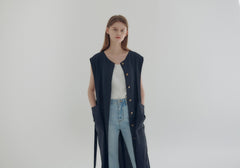 Wrap Front Midi Linen Dress with Waist Tie and Structured Sleeves for Elegant Summer Look