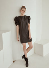 Structured Cotton Poplin Mini Dress with Puff Sleeves and Tailored A-Line Silhouette