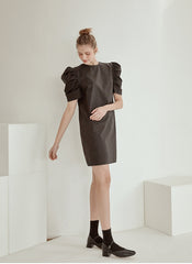 Structured Cotton Poplin Mini Dress with Puff Sleeves and Tailored A-Line Silhouette