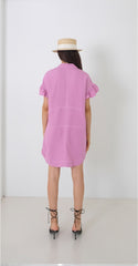 Short-Sleeve Linen Shirt Dress With Flared Pleated Skirt and Pointed Collar