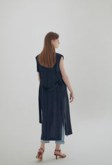 Wrap Front Midi Linen Dress with Waist Tie and Structured Sleeves for Elegant Summer Look