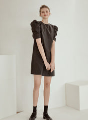 Structured Cotton Poplin Mini Dress with Puff Sleeves and Tailored A-Line Silhouette