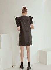 Structured Cotton Poplin Mini Dress with Puff Sleeves and Tailored A-Line Silhouette