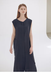 Wrap Front Midi Linen Dress with Waist Tie and Structured Sleeves for Elegant Summer Look