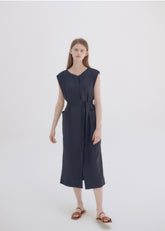 Wrap Front Midi Linen Dress with Waist Tie and Structured Sleeves for Elegant Summer Look