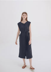 Wrap Front Midi Linen Dress with Waist Tie and Structured Sleeves for Elegant Summer Look