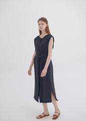 Wrap Front Midi Linen Dress with Waist Tie and Structured Sleeves for Elegant Summer Look
