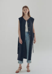 Wrap Front Midi Linen Dress with Waist Tie and Structured Sleeves for Elegant Summer Look