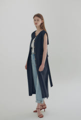 Wrap Front Midi Linen Dress with Waist Tie and Structured Sleeves for Elegant Summer Look