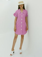 Short-Sleeve Linen Shirt Dress With Flared Pleated Skirt and Pointed Collar