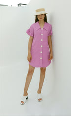 Short-Sleeve Linen Shirt Dress With Flared Pleated Skirt and Pointed Collar