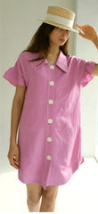 Short-Sleeve Linen Shirt Dress With Flared Pleated Skirt and Pointed Collar