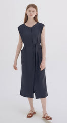 Wrap Front Midi Linen Dress with Waist Tie and Structured Sleeves for Elegant Summer Look