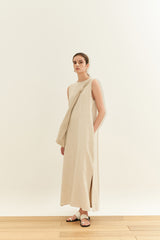 Sleeveless Linen Maxi Dress with Belted Waist and Side Slit – Minimalist Summer Resortwear