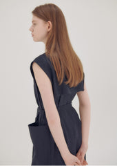 Wrap Front Midi Linen Dress with Waist Tie and Structured Sleeves for Elegant Summer Look