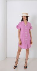Short-Sleeve Linen Shirt Dress With Flared Pleated Skirt and Pointed Collar