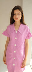 Short-Sleeve Linen Shirt Dress With Flared Pleated Skirt and Pointed Collar