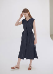 Wrap Front Midi Linen Dress with Waist Tie and Structured Sleeves for Elegant Summer Look