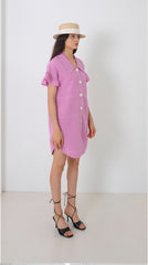 Short-Sleeve Linen Shirt Dress With Flared Pleated Skirt and Pointed Collar