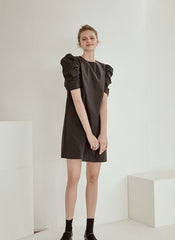 Structured Cotton Poplin Mini Dress with Puff Sleeves and Tailored A-Line Silhouette