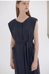 Wrap Front Midi Linen Dress with Waist Tie and Structured Sleeves for Elegant Summer Look