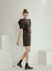 Structured Cotton Poplin Mini Dress with Puff Sleeves and Tailored A-Line Silhouette