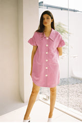 Short-Sleeve Linen Shirt Dress With Flared Pleated Skirt and Pointed Collar