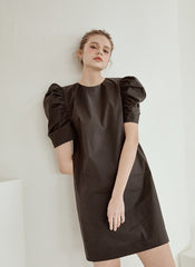 Structured Cotton Poplin Mini Dress with Puff Sleeves and Tailored A-Line Silhouette