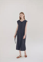 Wrap Front Midi Linen Dress with Waist Tie and Structured Sleeves for Elegant Summer Look