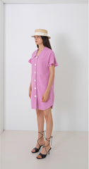 Short-Sleeve Linen Shirt Dress With Flared Pleated Skirt and Pointed Collar