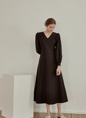 Elegant V-Neck Cotton Poplin Dress with Long Sleeves and Flared Midi Hemline for Refined Styling