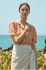 Soft Silk Short-Sleeve Blouse With Pearl Button Detail and Tailored Collar for Elegant Summer Wear