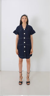 Linen Mini Dress with Ruffle Sleeves and Oversized Collar Detail