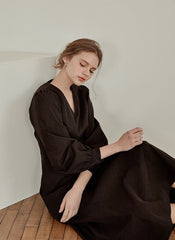 Elegant V-Neck Cotton Poplin Dress with Long Sleeves and Flared Midi Hemline for Refined Styling