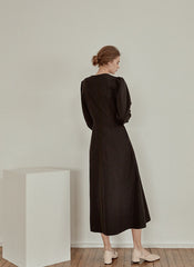 Elegant V-Neck Cotton Poplin Dress with Long Sleeves and Flared Midi Hemline for Refined Styling