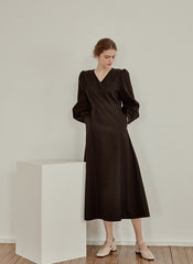 Elegant V-Neck Cotton Poplin Dress with Long Sleeves and Flared Midi Hemline for Refined Styling