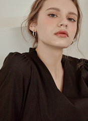 Elegant V-Neck Cotton Poplin Dress with Long Sleeves and Flared Midi Hemline for Refined Styling