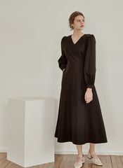 Elegant V-Neck Cotton Poplin Dress with Long Sleeves and Flared Midi Hemline for Refined Styling
