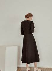Elegant V-Neck Cotton Poplin Dress with Long Sleeves and Flared Midi Hemline for Refined Styling