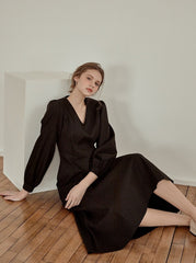 Elegant V-Neck Cotton Poplin Dress with Long Sleeves and Flared Midi Hemline for Refined Styling