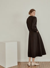 Elegant V-Neck Cotton Poplin Dress with Long Sleeves and Flared Midi Hemline for Refined Styling