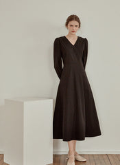 Elegant V-Neck Cotton Poplin Dress with Long Sleeves and Flared Midi Hemline for Refined Styling