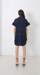 Linen Mini Dress with Ruffle Sleeves and Oversized Collar Detail