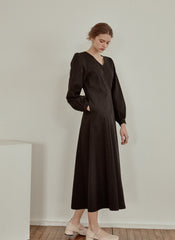 Elegant V-Neck Cotton Poplin Dress with Long Sleeves and Flared Midi Hemline for Refined Styling