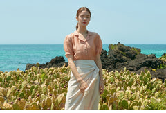 Soft Silk Short-Sleeve Blouse With Pearl Button Detail and Tailored Collar for Elegant Summer Wear