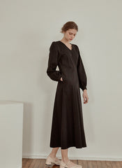 Elegant V-Neck Cotton Poplin Dress with Long Sleeves and Flared Midi Hemline for Refined Styling